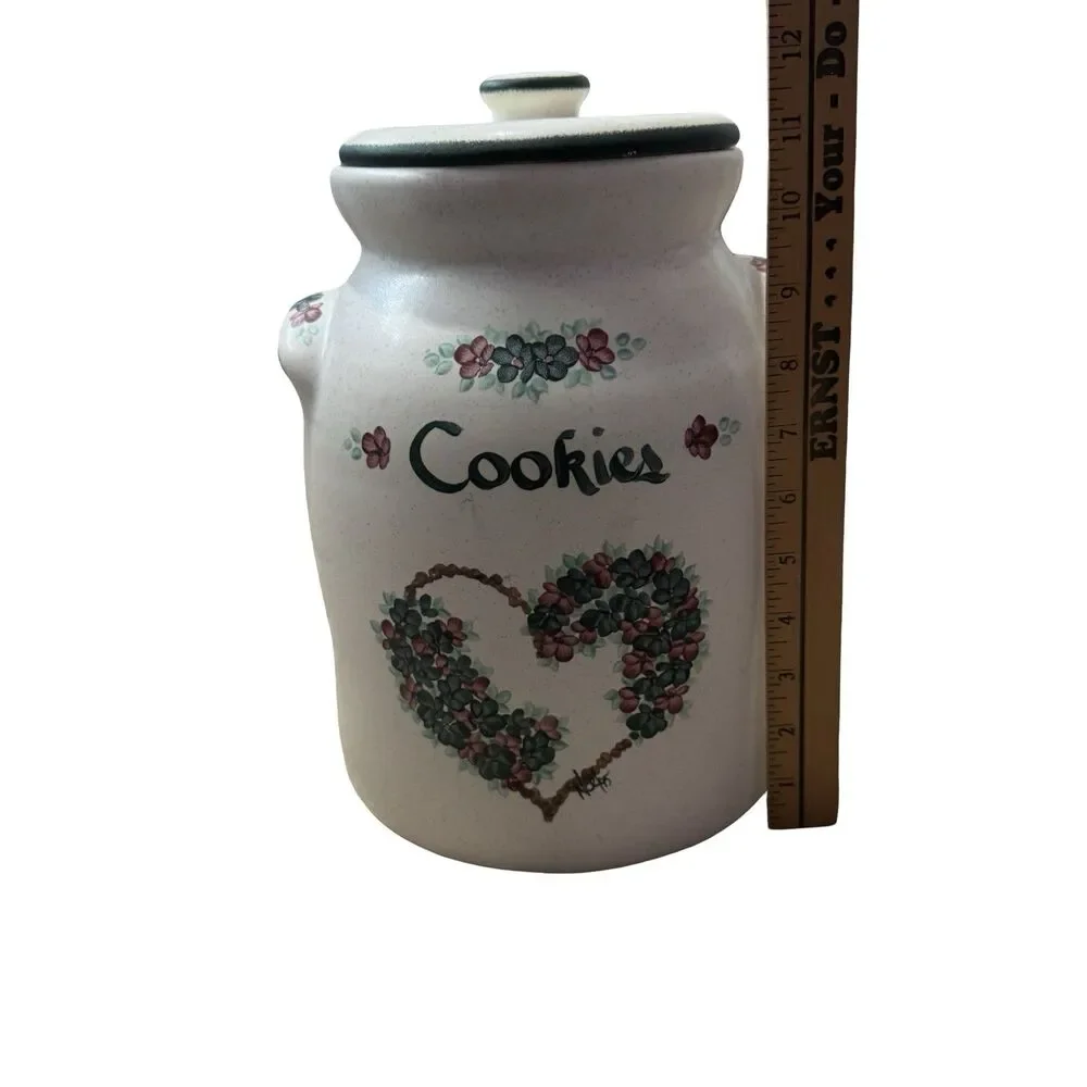 Vintage Crock  Stoneware Pottery Homemade Cookies Cookie Jar Floral Heart Large